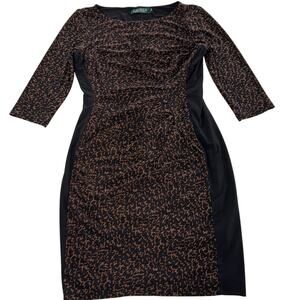Lauren Ralph Lauren‎ Dress Womens 6 Petite Black Brown Animal Print Bodycon Mini